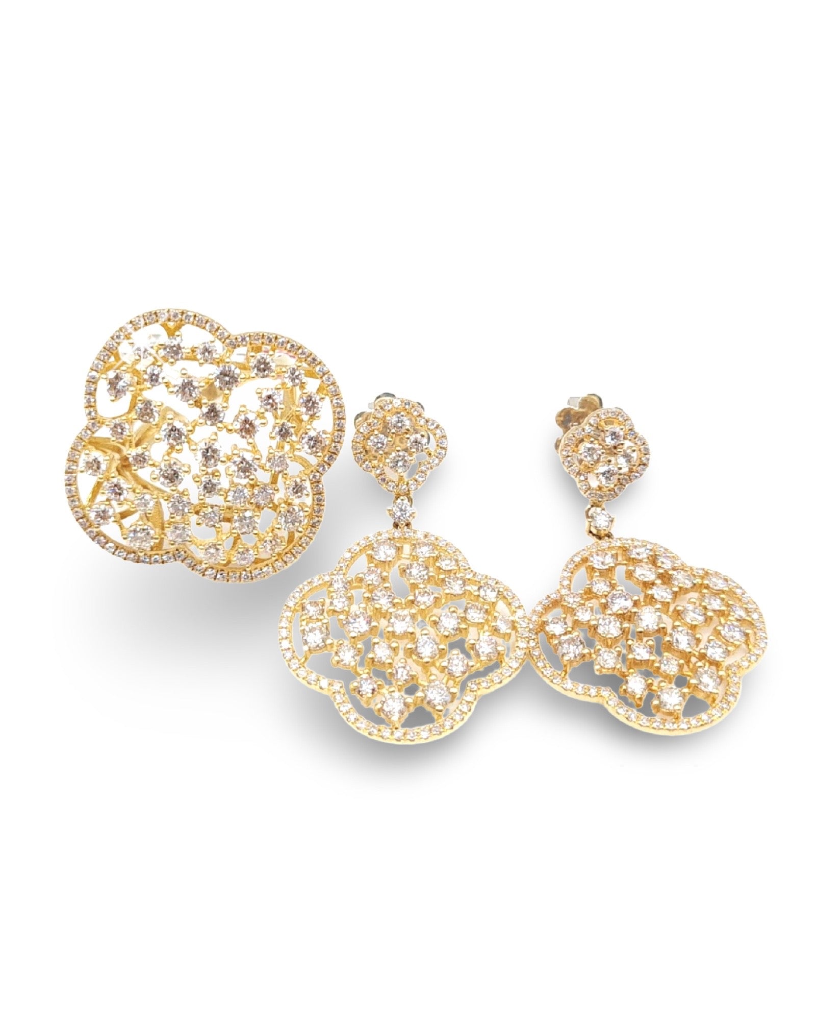 Golden Floral Deco Dangling Diamond Jewelry Set 14K