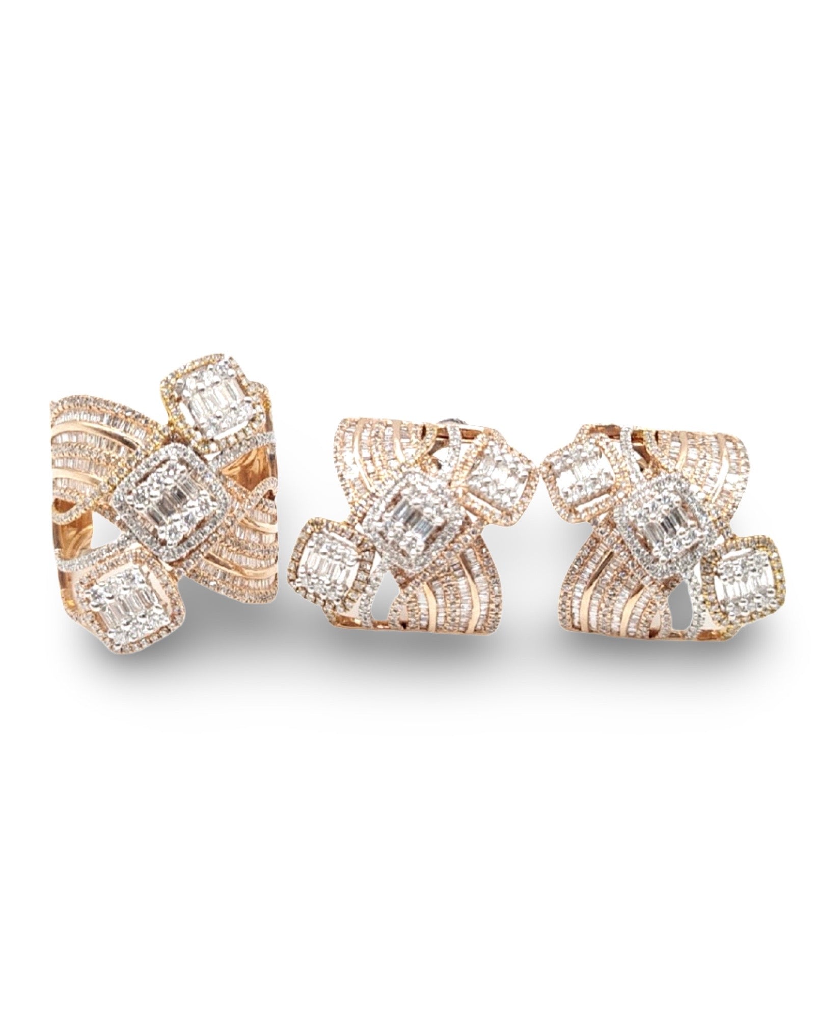 Two Tone Trio Cushion Crossover Statement Diamond Jewelry Set 14K