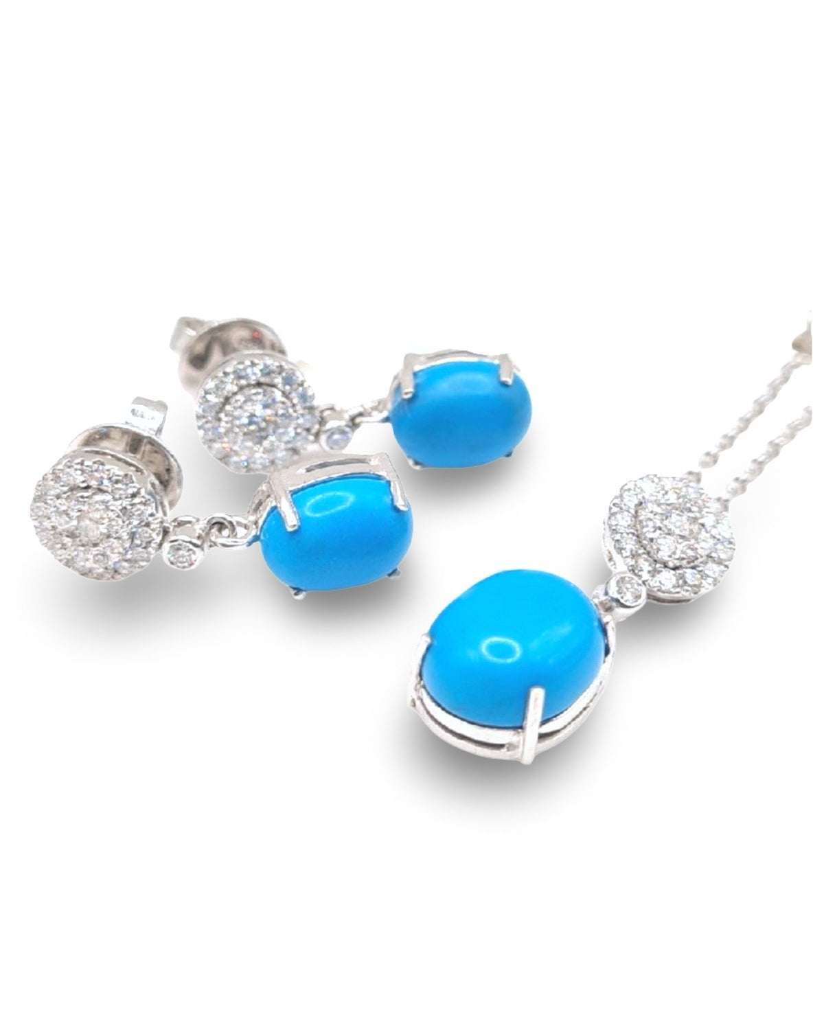 Turquoise Gemstones Dangle Round Diamond Jewelry Set 14K