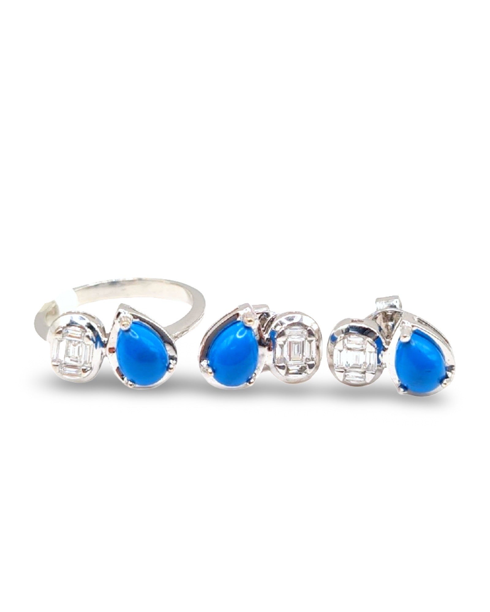 Pear Turquoise Gemstones Overlap Oval Baguette Diamond Jewelry Set 18K