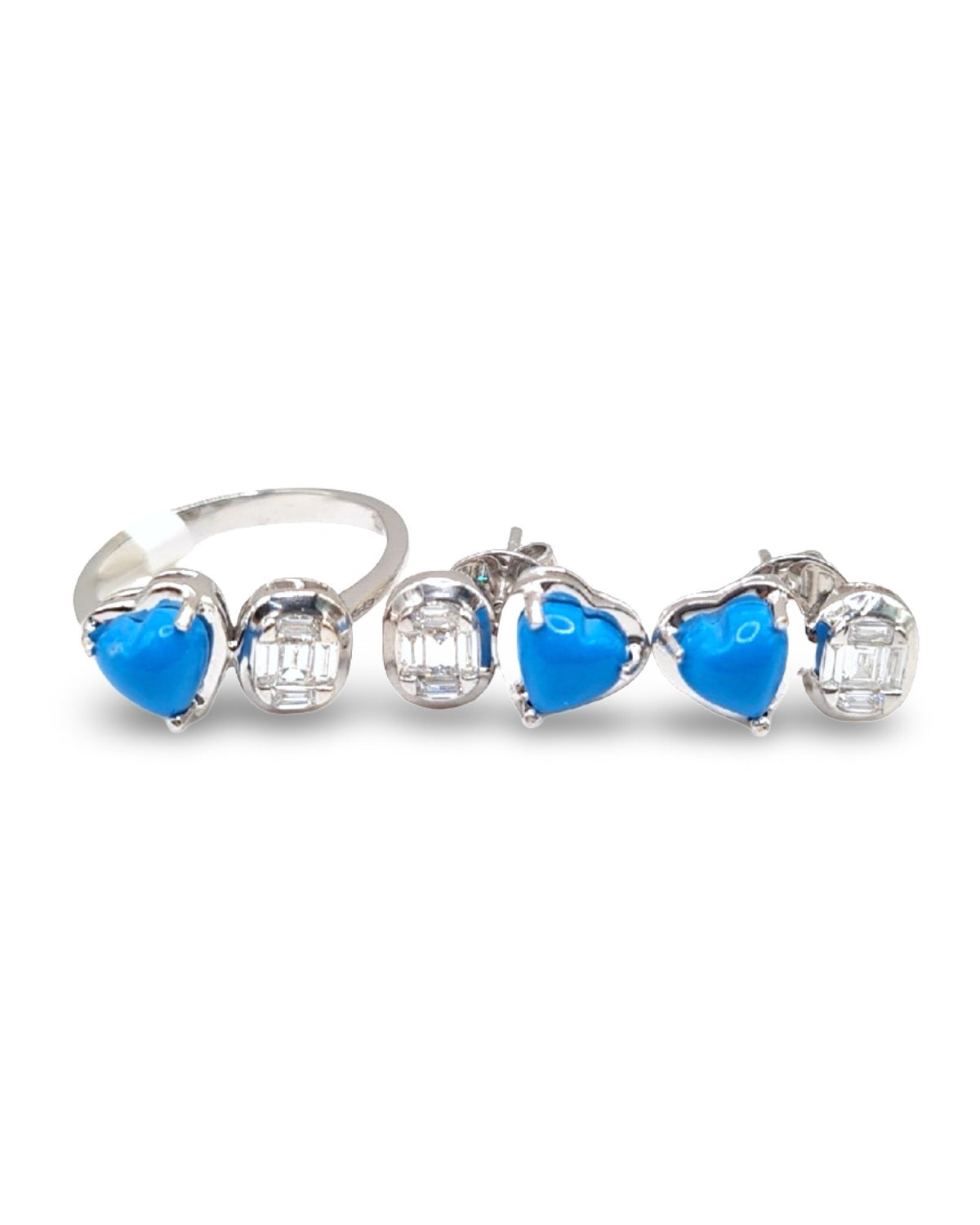 Heart Turquoise Gemstones Overlap Oval Baguette Diamond Jewelry Set 18K
