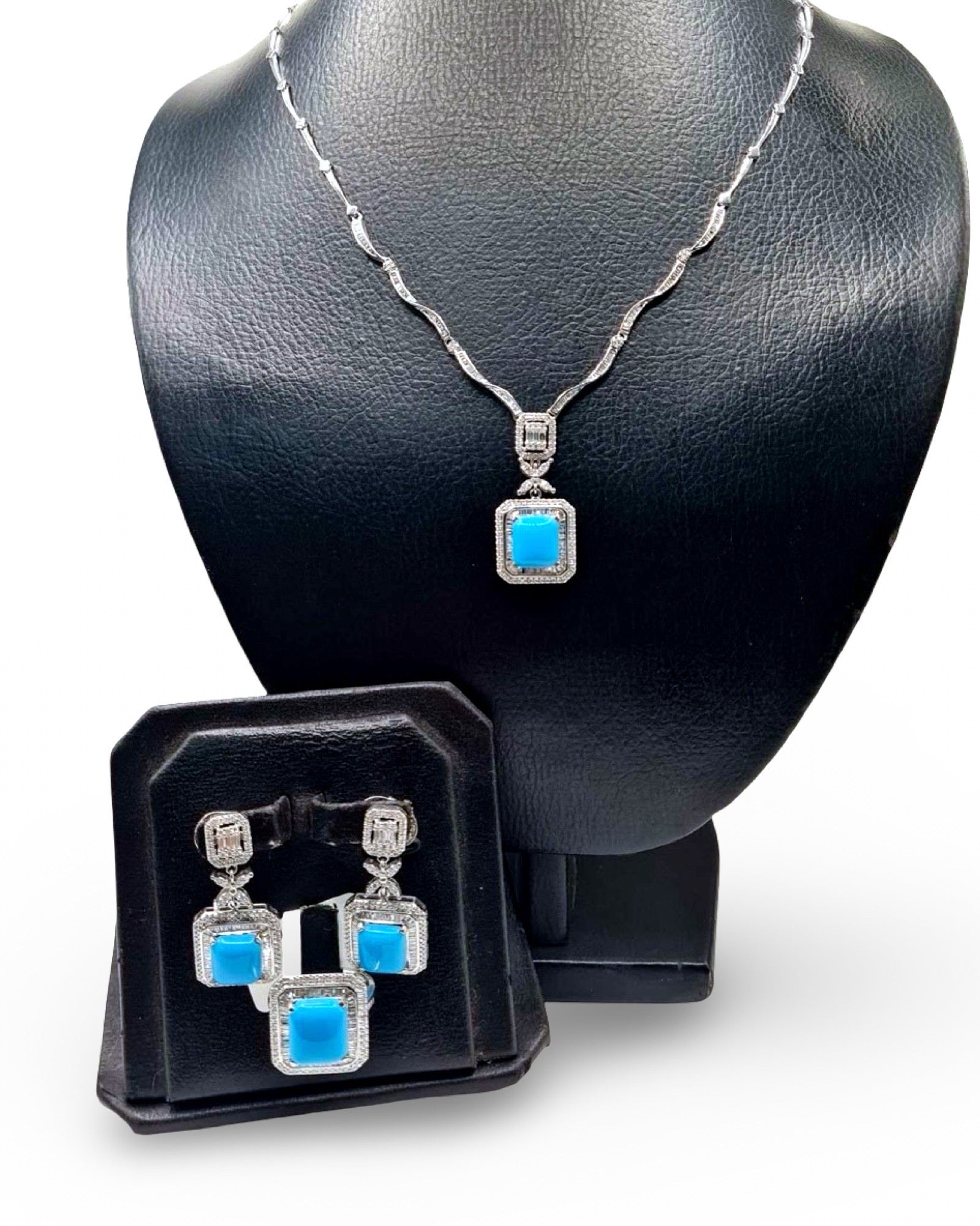 Emerald Turquoise Gemstones Halo Dangling Diamond Jewelry Set 14K