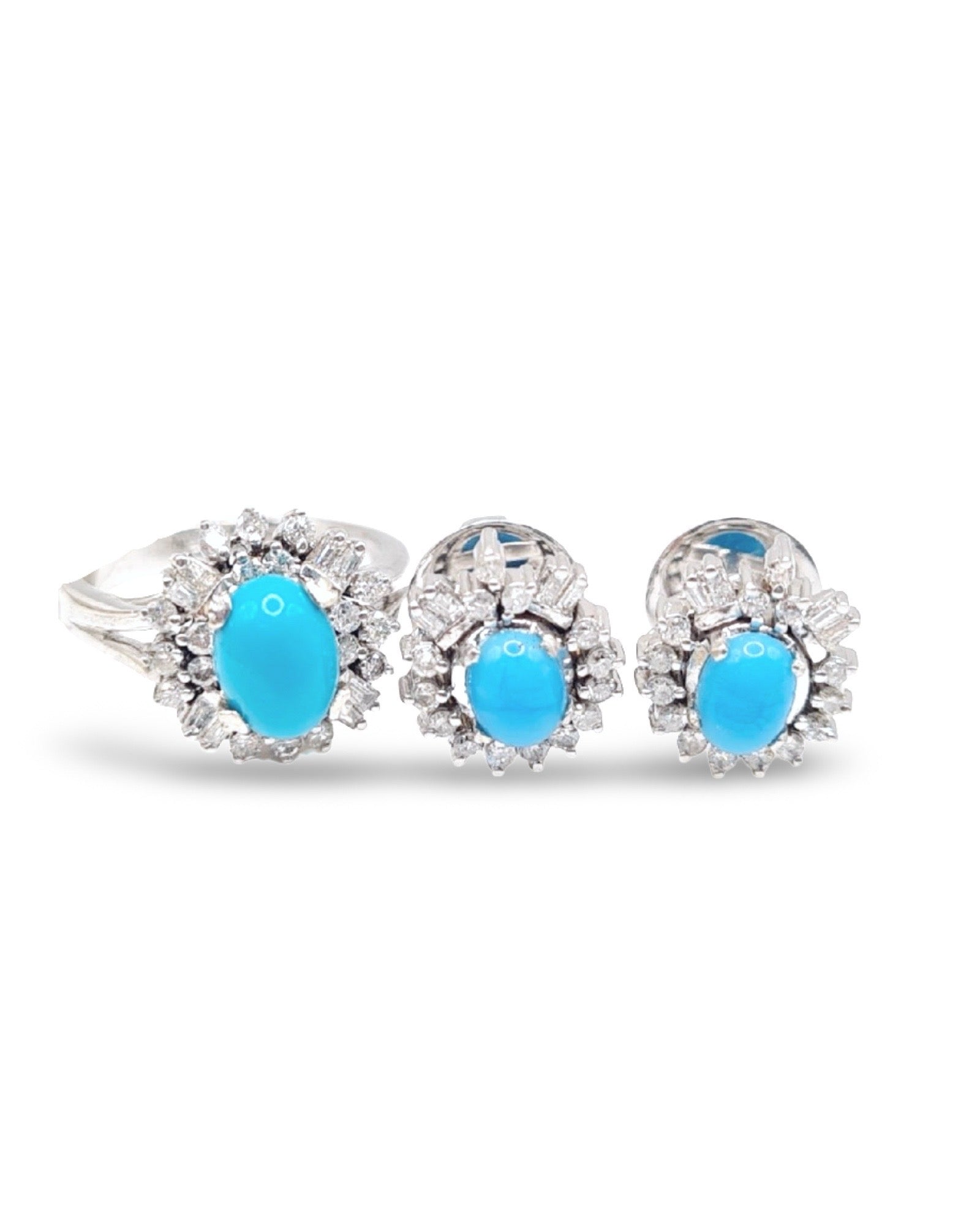 Turquoise Gemstones Cluster Halo Diamond Jewelry Set 14K