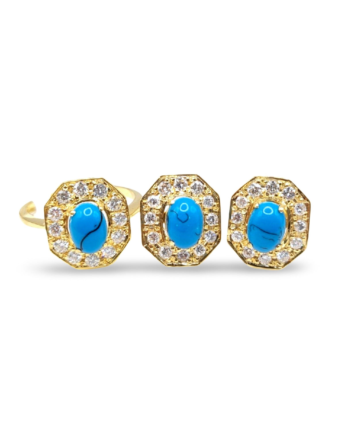 Golden Turquoise Gemstones Octagonal Diamond Jewelry Set 18K