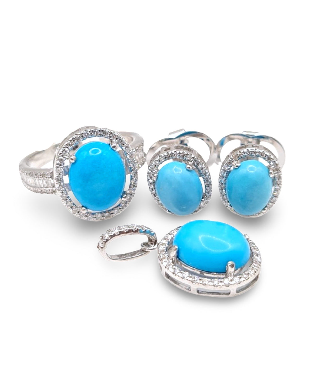Turquoise Gemstones Oval Halo Paved Diamond Jewelry Set 14K