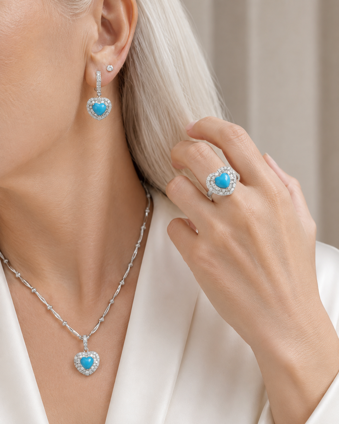 Heart Turquoise Gemstones Halo Dangling Diamond Jewelry Set 14K