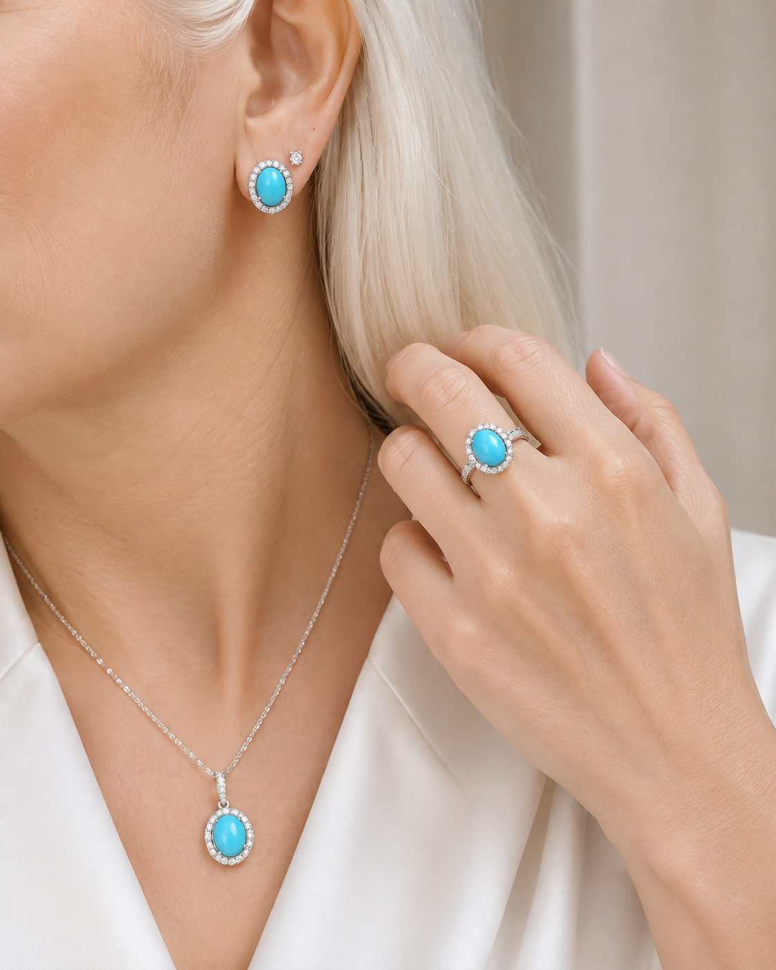 Turquoise Gemstones Oval Halo Paved Diamond Jewelry Set 14K