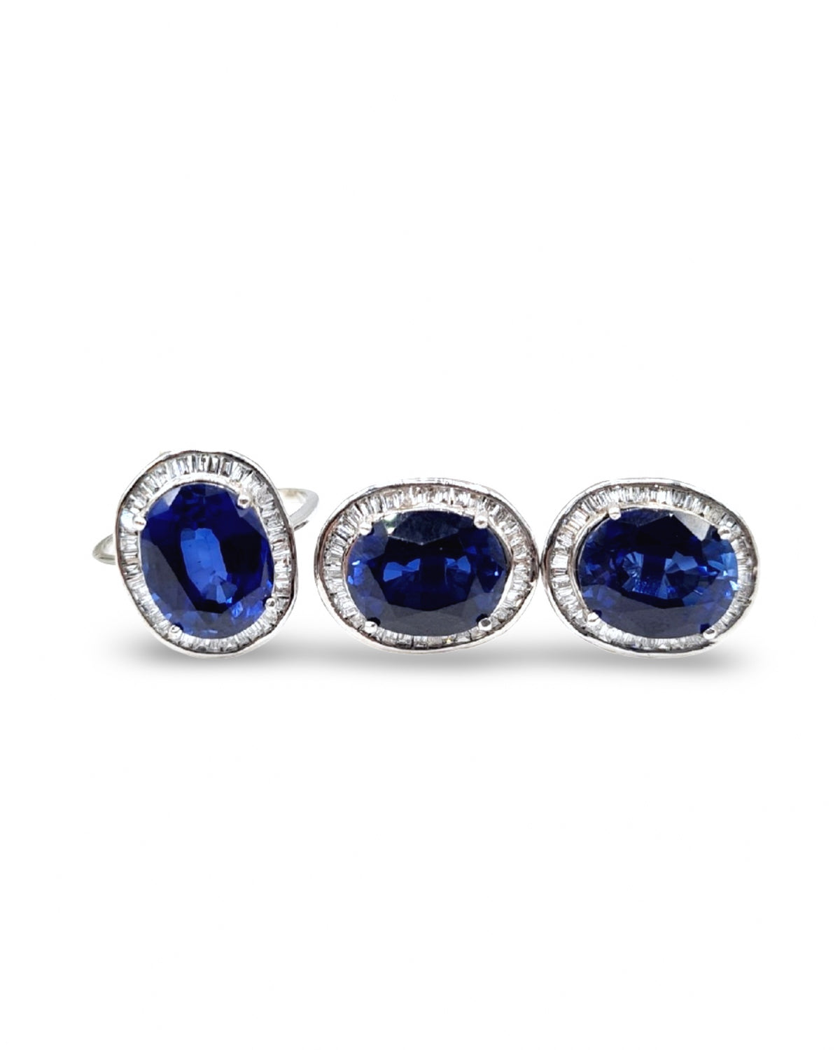 Oval Halo Blue Sapphire Gemstones Diamond Jewelry Set 14K