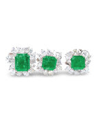 Columbian Green Emerald Cushion Stud Cluster Shape Diamond Jewelry Set 18K