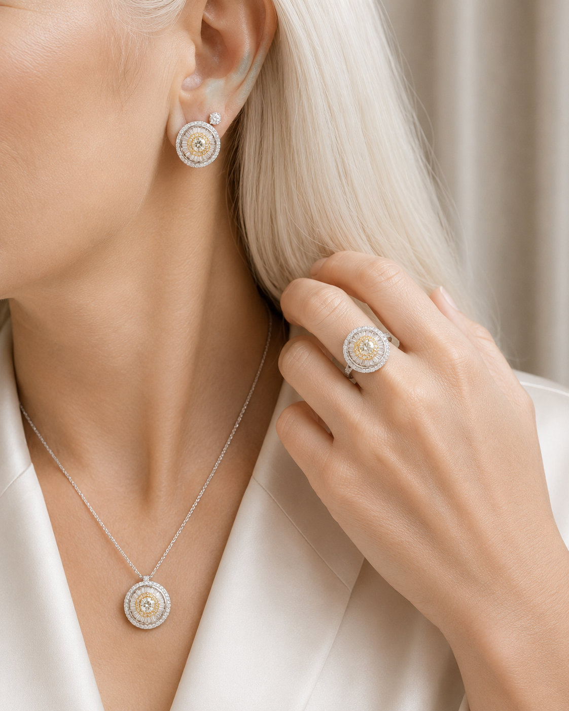 Golden Round Halo Baguette Diamond Jewelry Set 14K