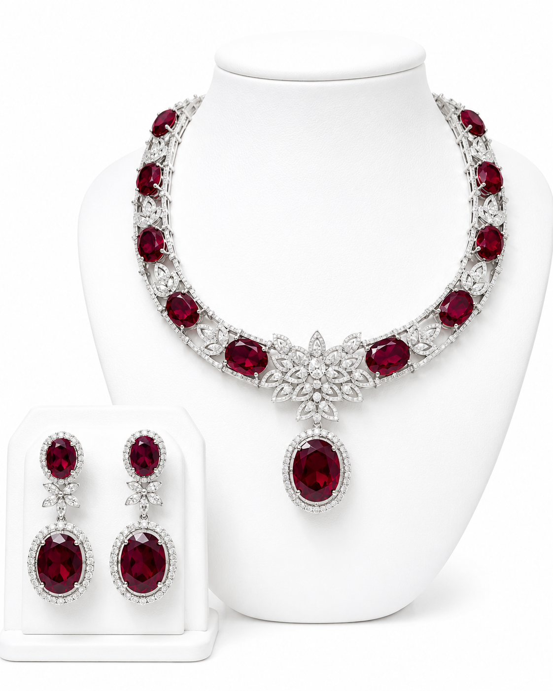Red Ruby Gemstones Double Halo Floral Statement Diamond Jewelry Set 14K