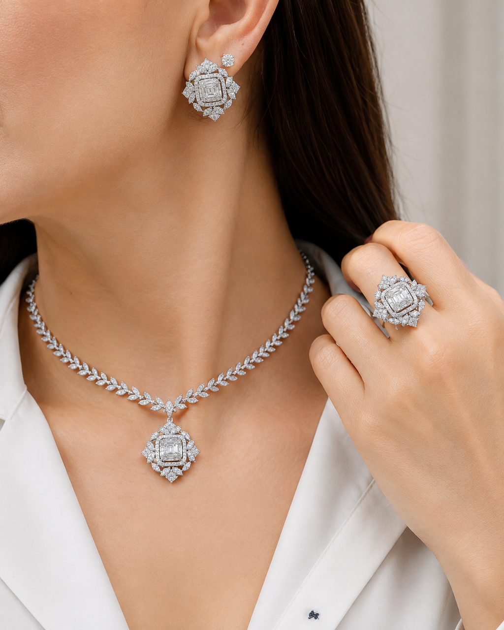 Deco Halo Floral Marquise Diamond Jewelry Set 14K