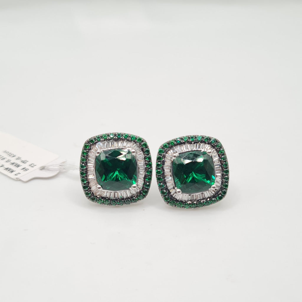 X Cushion Green Emerald Gemstones Diamond Earrings 14K