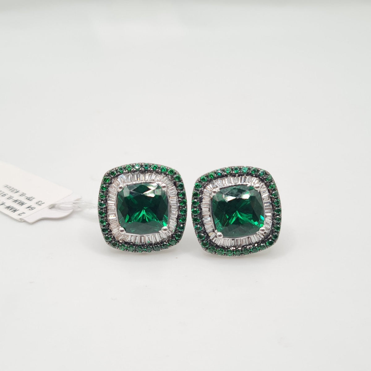 X Cushion Green Emerald Gemstones Diamond Earrings 14K