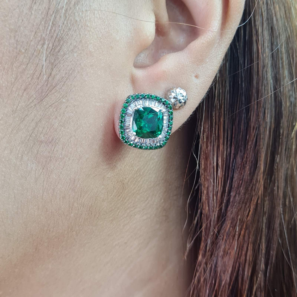 X Cushion Green Emerald Gemstones Diamond Earrings 14K
