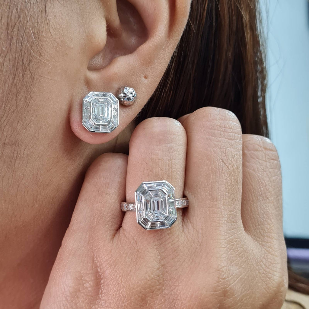Classic Emerald Piecut Invisible Setting Diamond Jewelry Set 14K