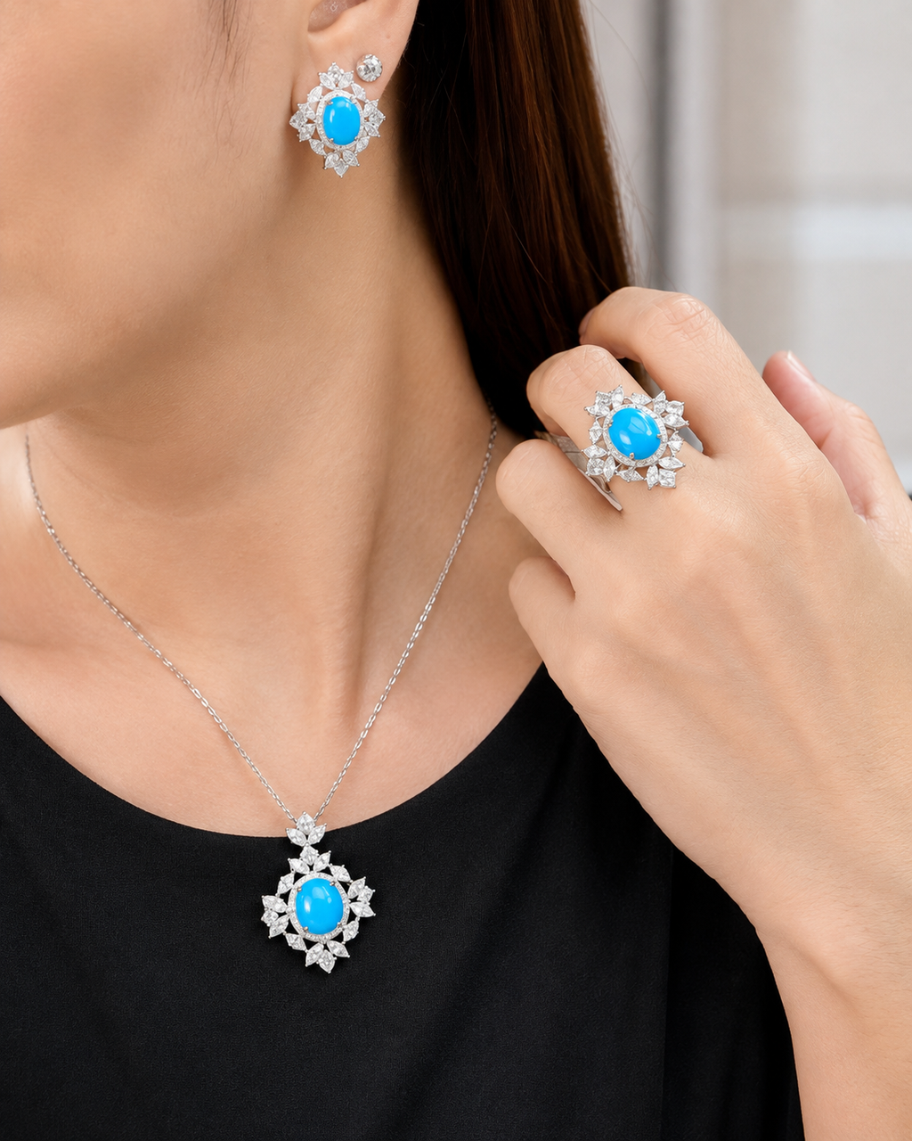 Oval Turquoise Gemstones Halo Cluster Statement Diamond Jewelry Set 14K