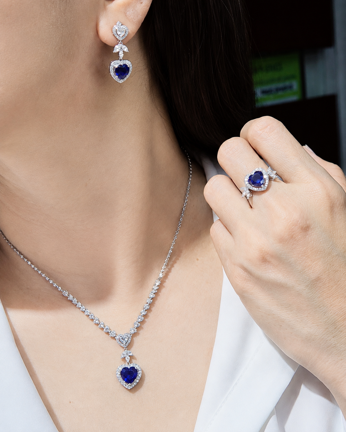 Heart Blue Sapphire Halo Dangling Diamond Jewelry Set 14K
