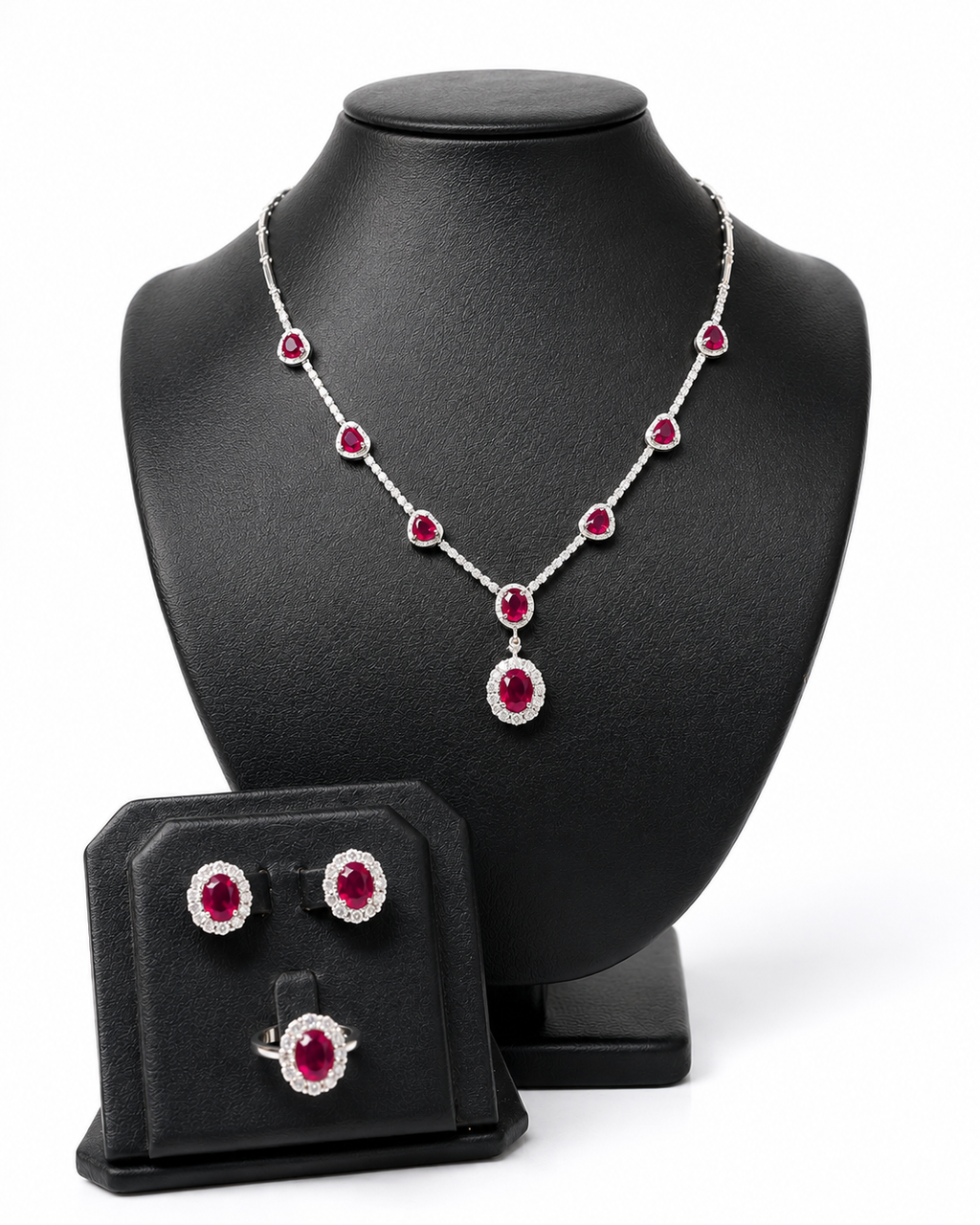 Oval Pink Ruby Gemstones Heart Station Diamond Jewelry Set 14K