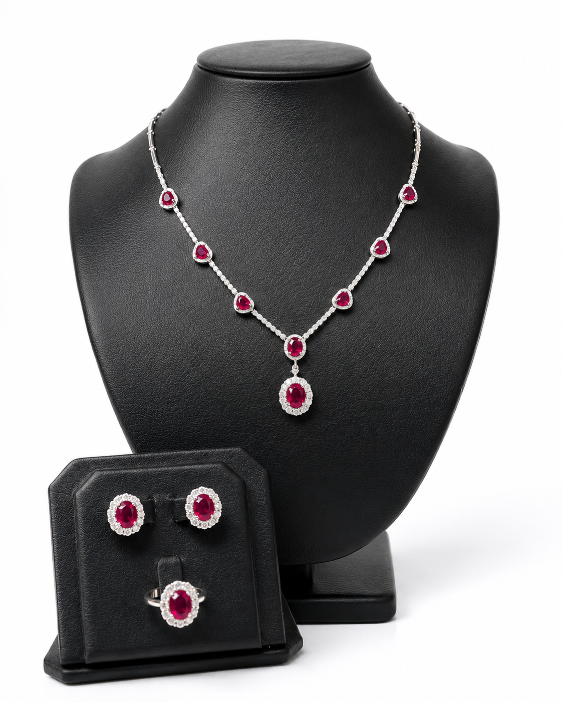 Oval Pink Ruby Gemstones Heart Station Diamond Jewelry Set 14K