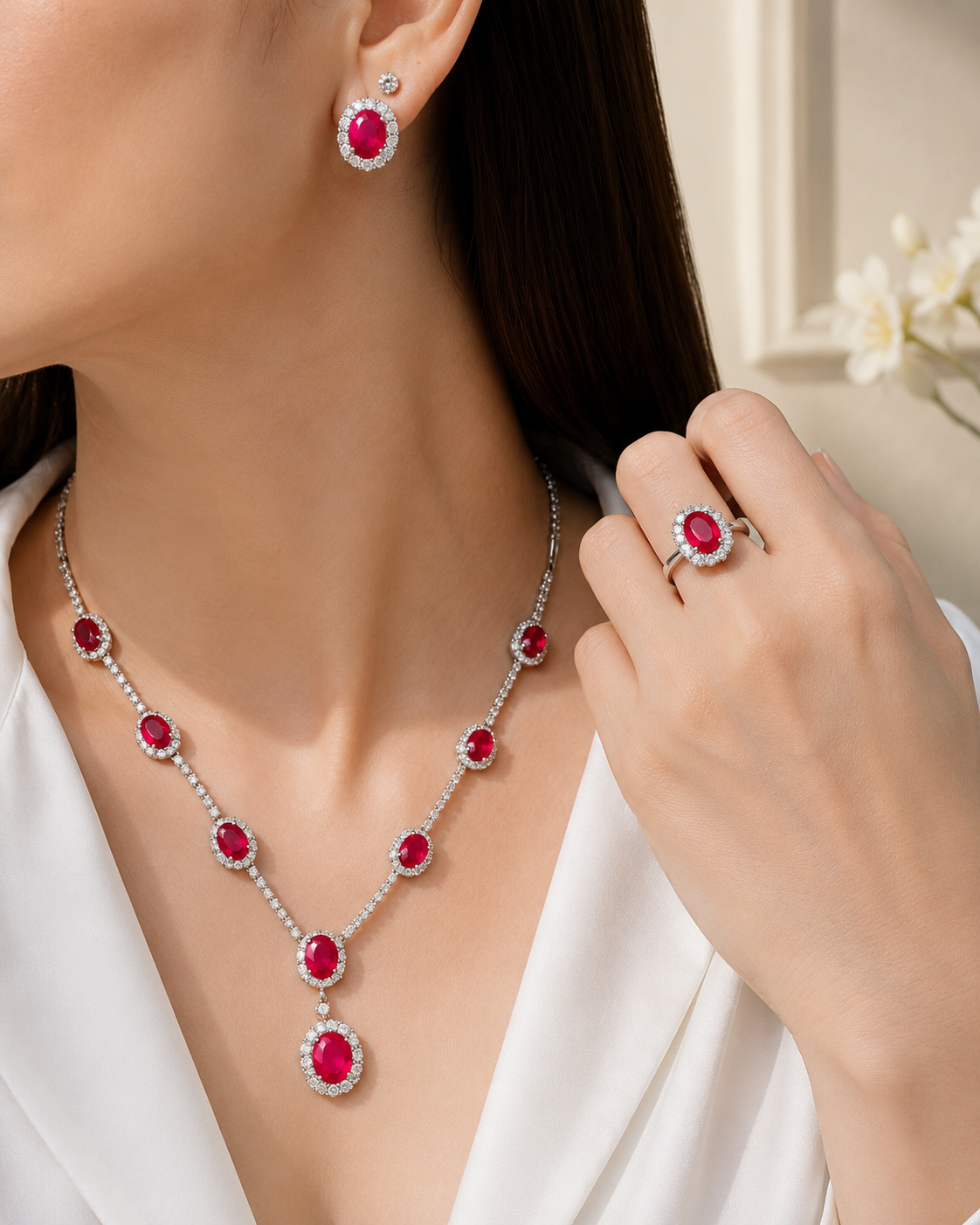 Oval Pink Ruby Gemstones Heart Station Diamond Jewelry Set 14K