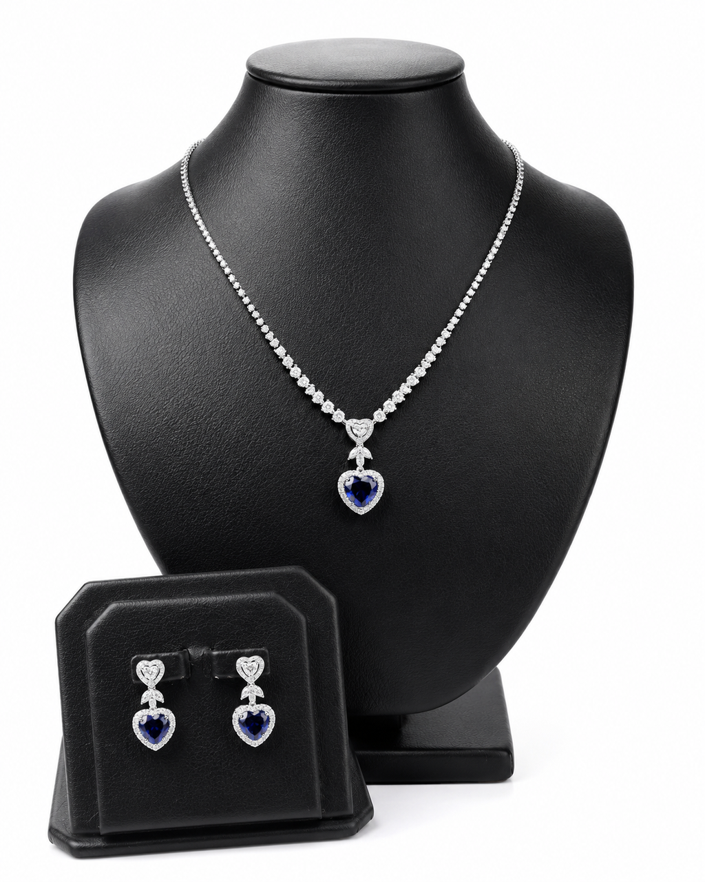 Heart Blue Sapphire Halo Dangling Diamond Jewelry Set 14K