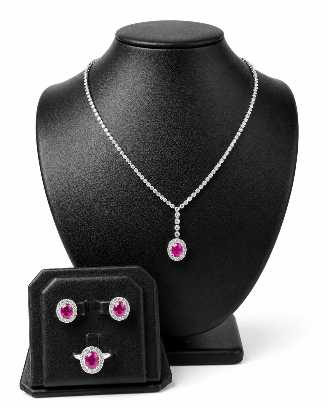 Oval Pink Ruby Gemstones Halo Diamond Jewelry Set 14K