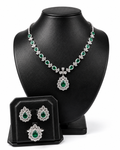 Green Emerald Gemstones Pear Halo Station Diamond Jewelry Set 14K