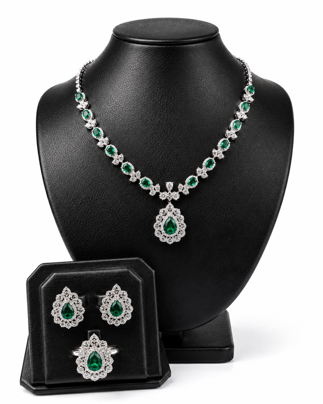 Green Emerald Gemstones Pear Halo Station Diamond Jewelry Set 14K
