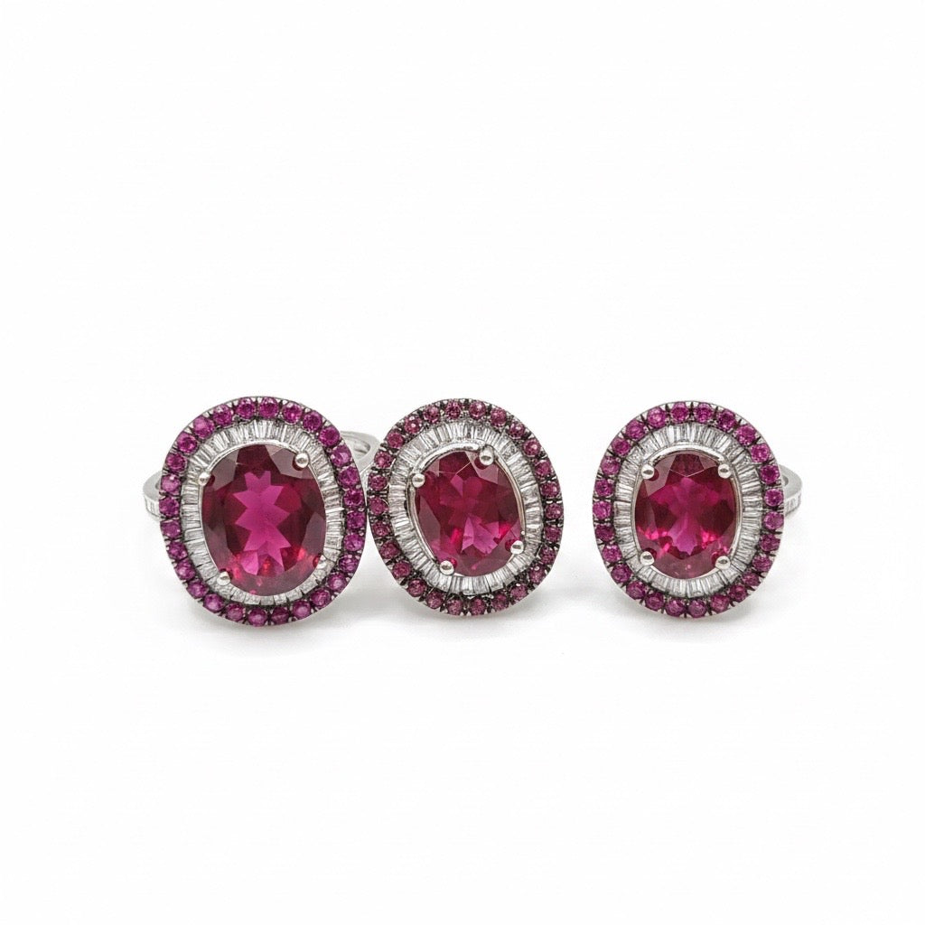 Oval Ruby Gemstones Halo Baguette Diamond Jewelry Set 14K