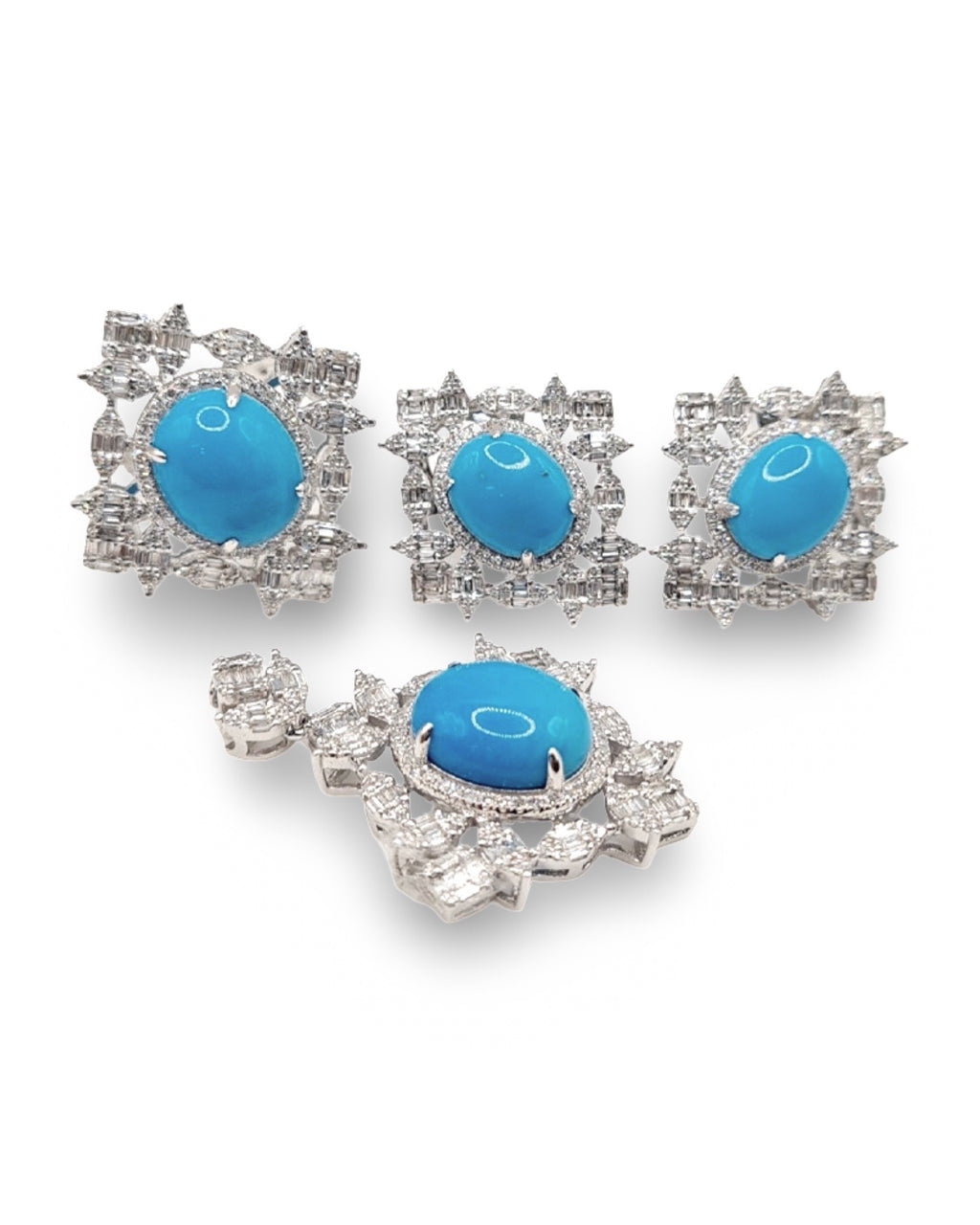 Oval Turquoise Gemstones Halo Cluster Statement Diamond Jewelry Set 14K