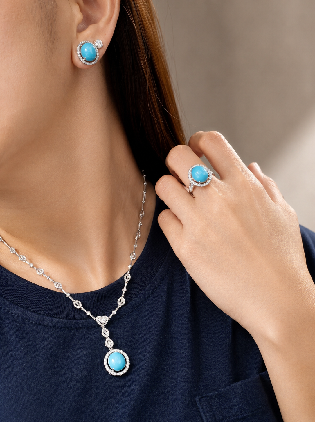 Oval Turquoise Gemstones Multi Shape Diamond Jewelry Set 14K