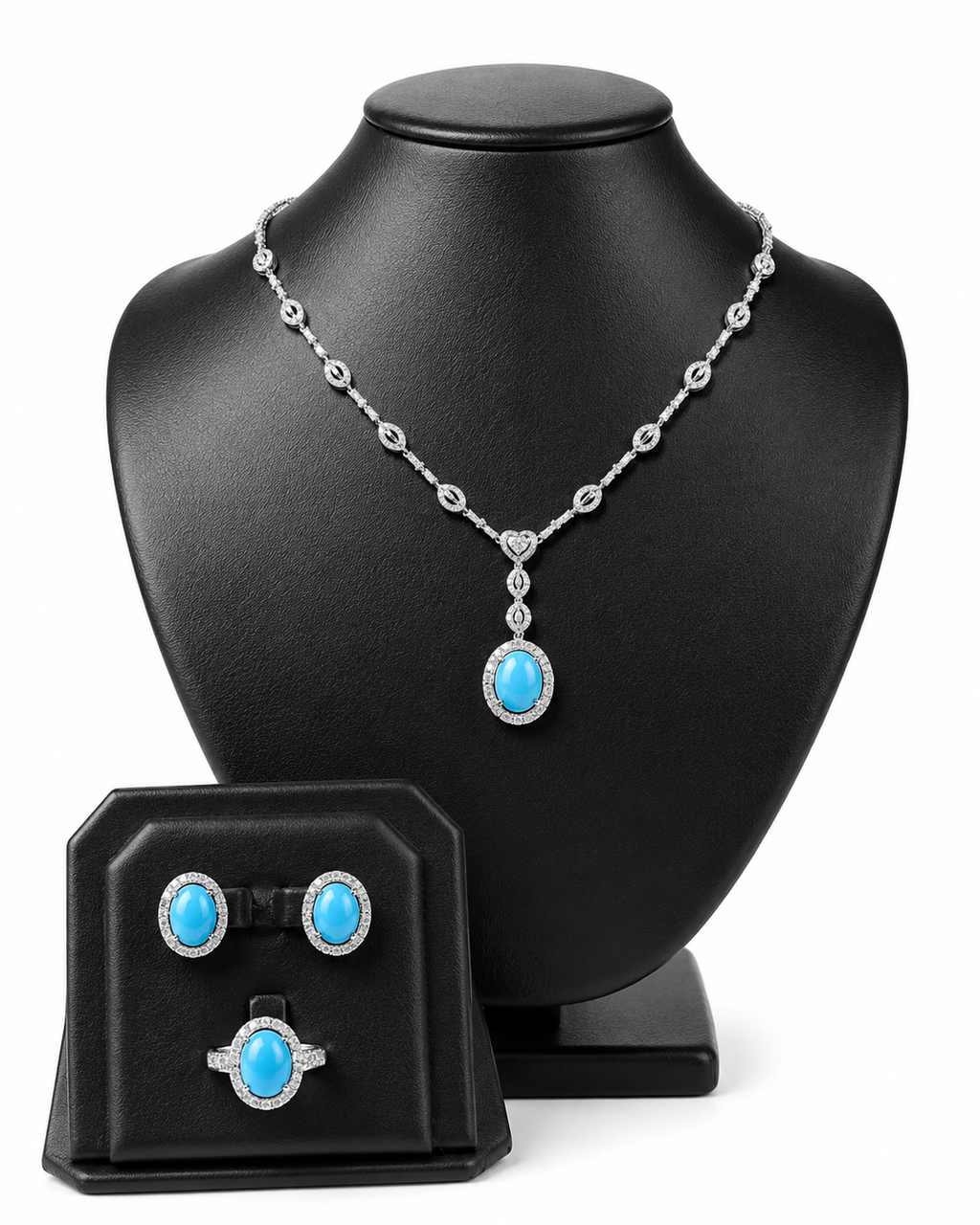 Oval Turquoise Gemstones Multi Shape Diamond Jewelry Set 14K