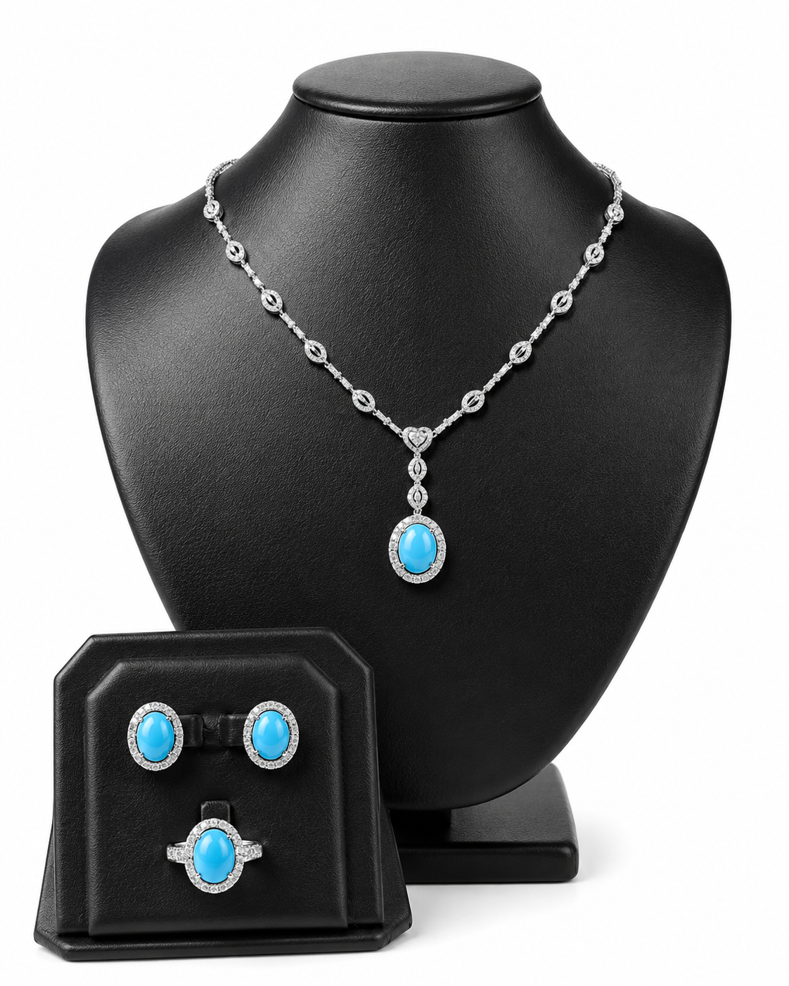 Oval Turquoise Gemstones Multi Shape Diamond Jewelry Set 14K