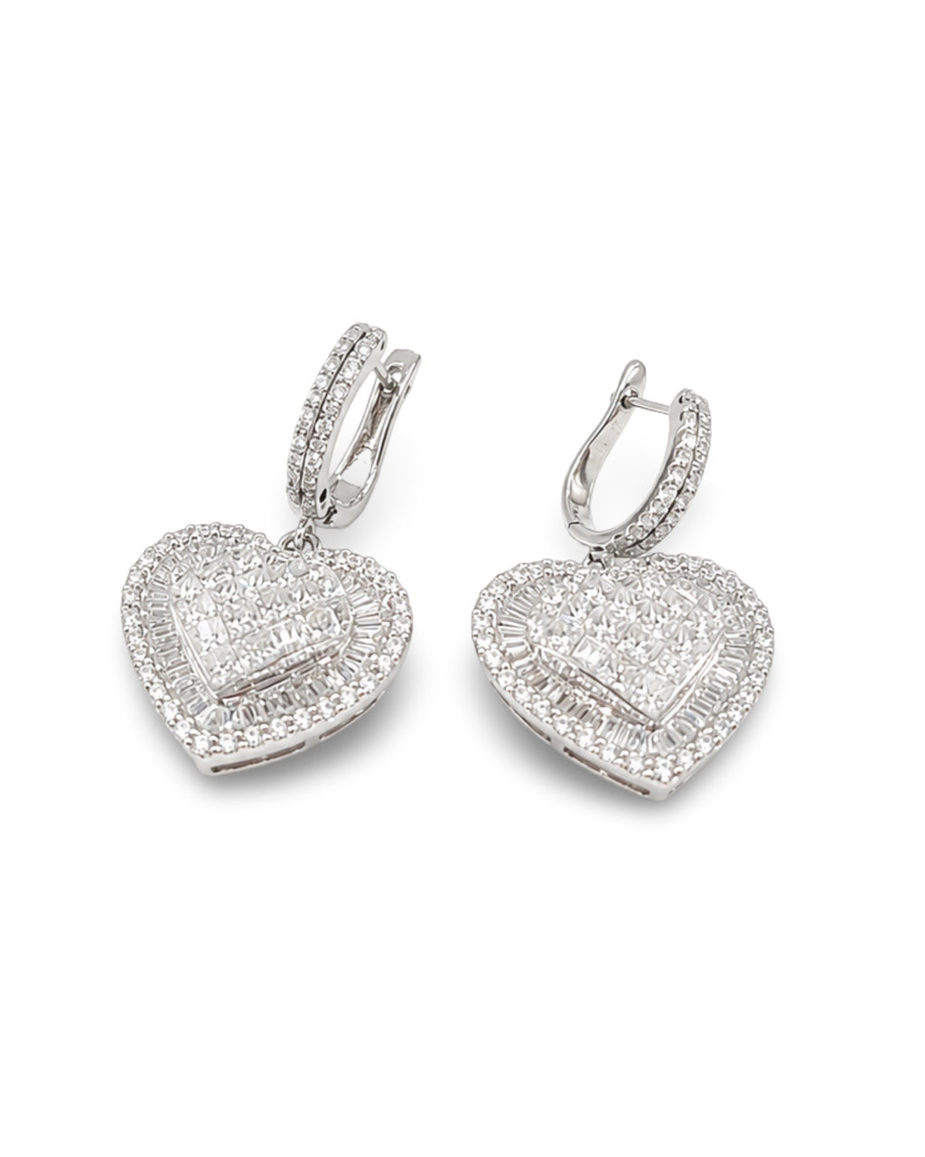 Classic Heart Invisible Setting Dangling Hoop Diamond Earrings 18K
