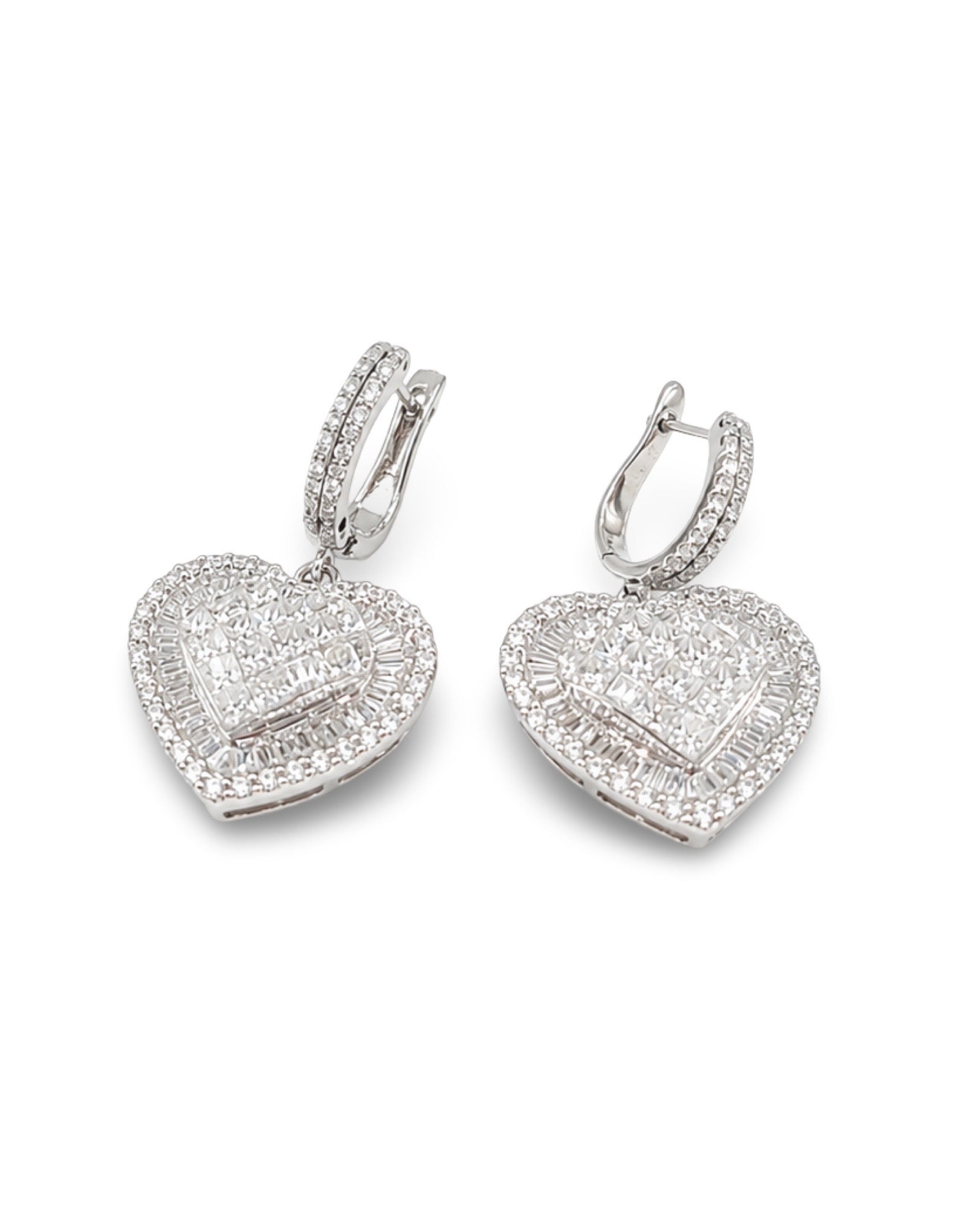 Classic Heart Invisible Setting Dangling Hoop Diamond Earrings 18K