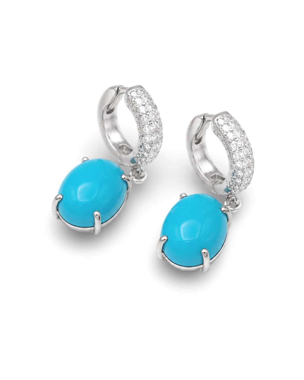 Turquoise Gemstone Dangle Hoop Diamond Earrings 14K