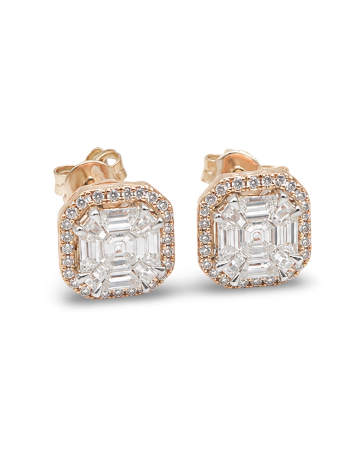 Classic Cushion Rosegold Piecut Stud Diamond Earrings 18K
