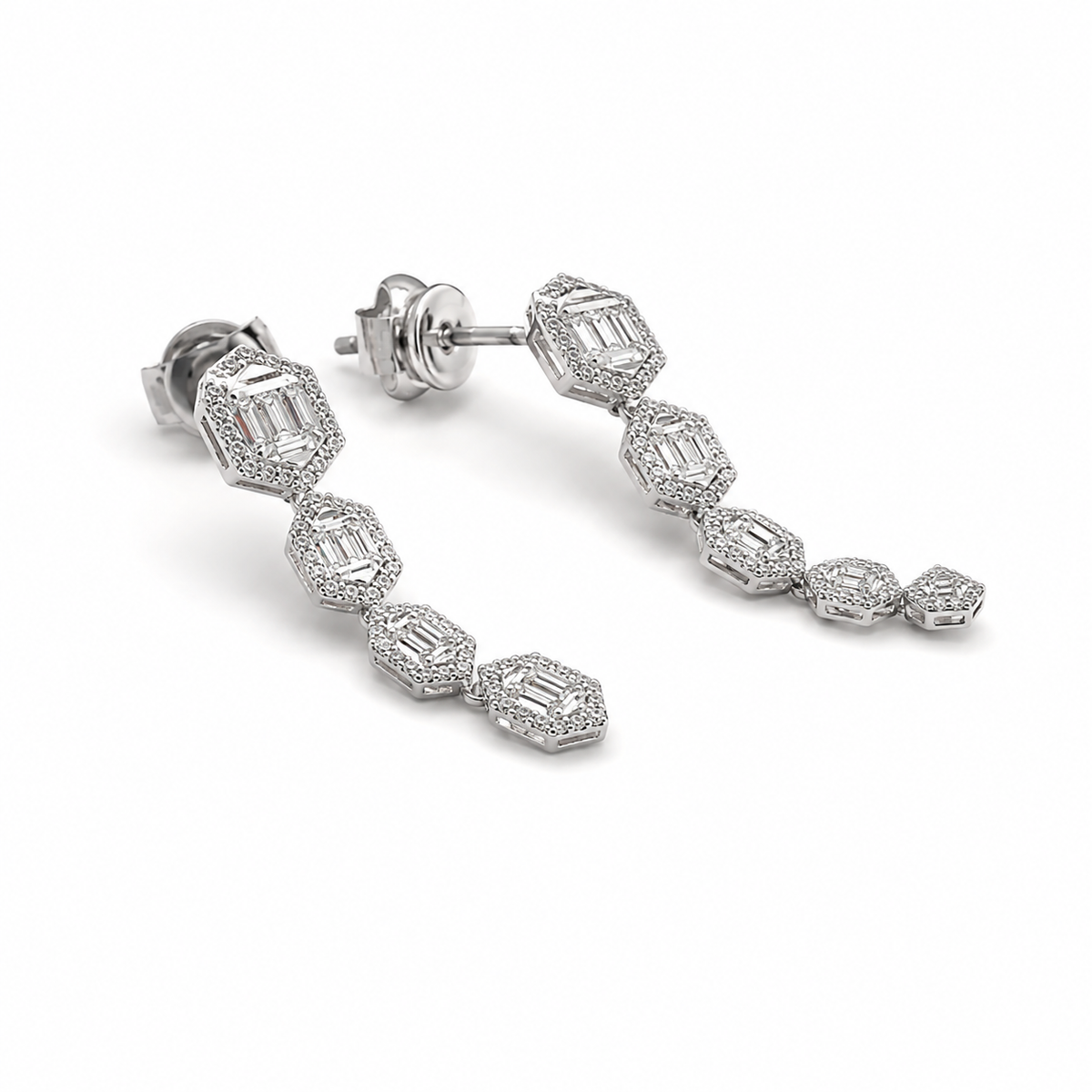 Classic Round Baguette Drop Diamond Earrings 18K