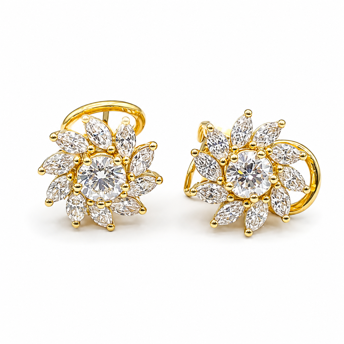 Golden Floral Round Marquise Halo Diamond Earrings 18K
