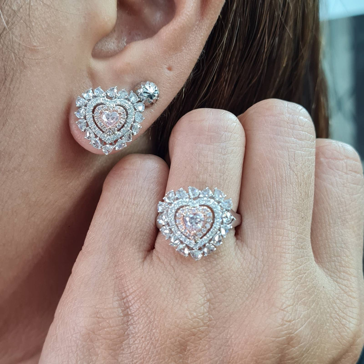 Rare Fancy Pink Diamond Heart Halo Cluster Diamond Jewelry Set 14K