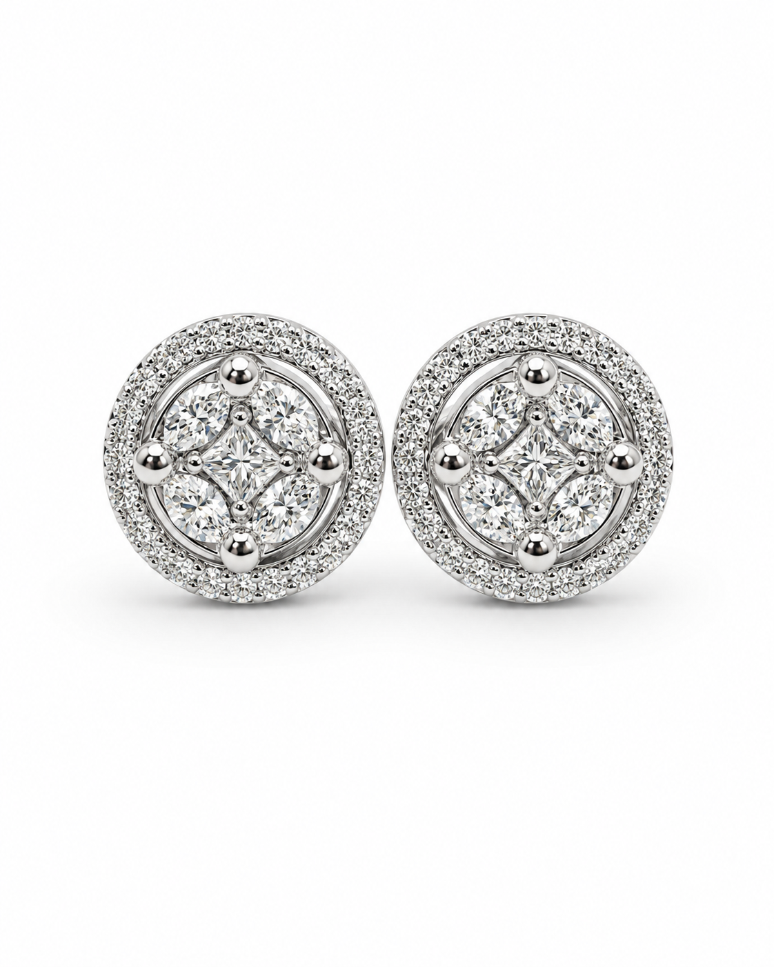 Classic Round Halo Invisible Setting Stud Diamond Earrings 18K