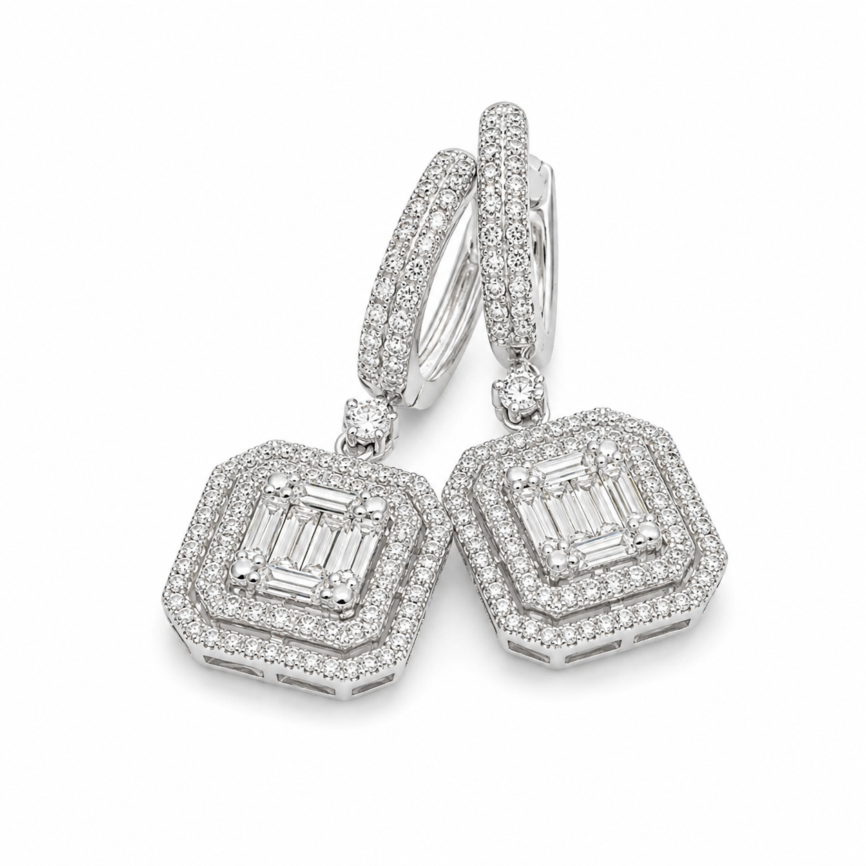 Classic Emerald Halo Drop Diamond Earrings 14K