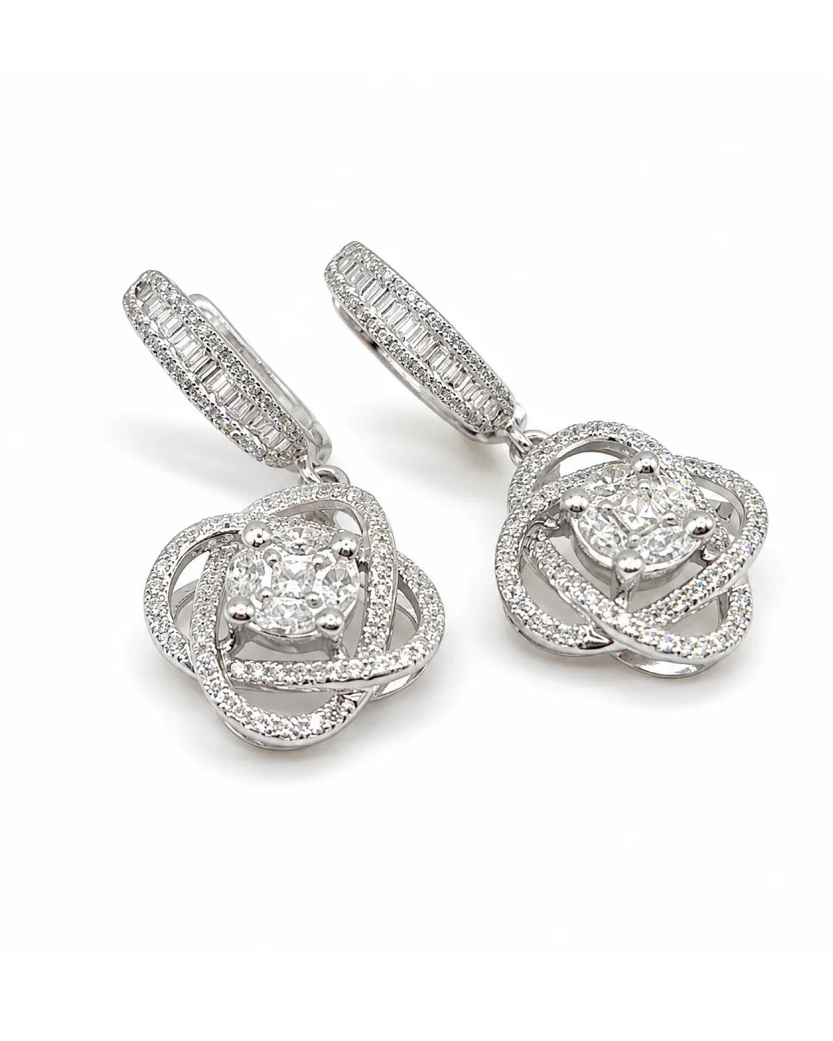 Round Knot Invisible Setting Dangling Diamond Earrings 14K