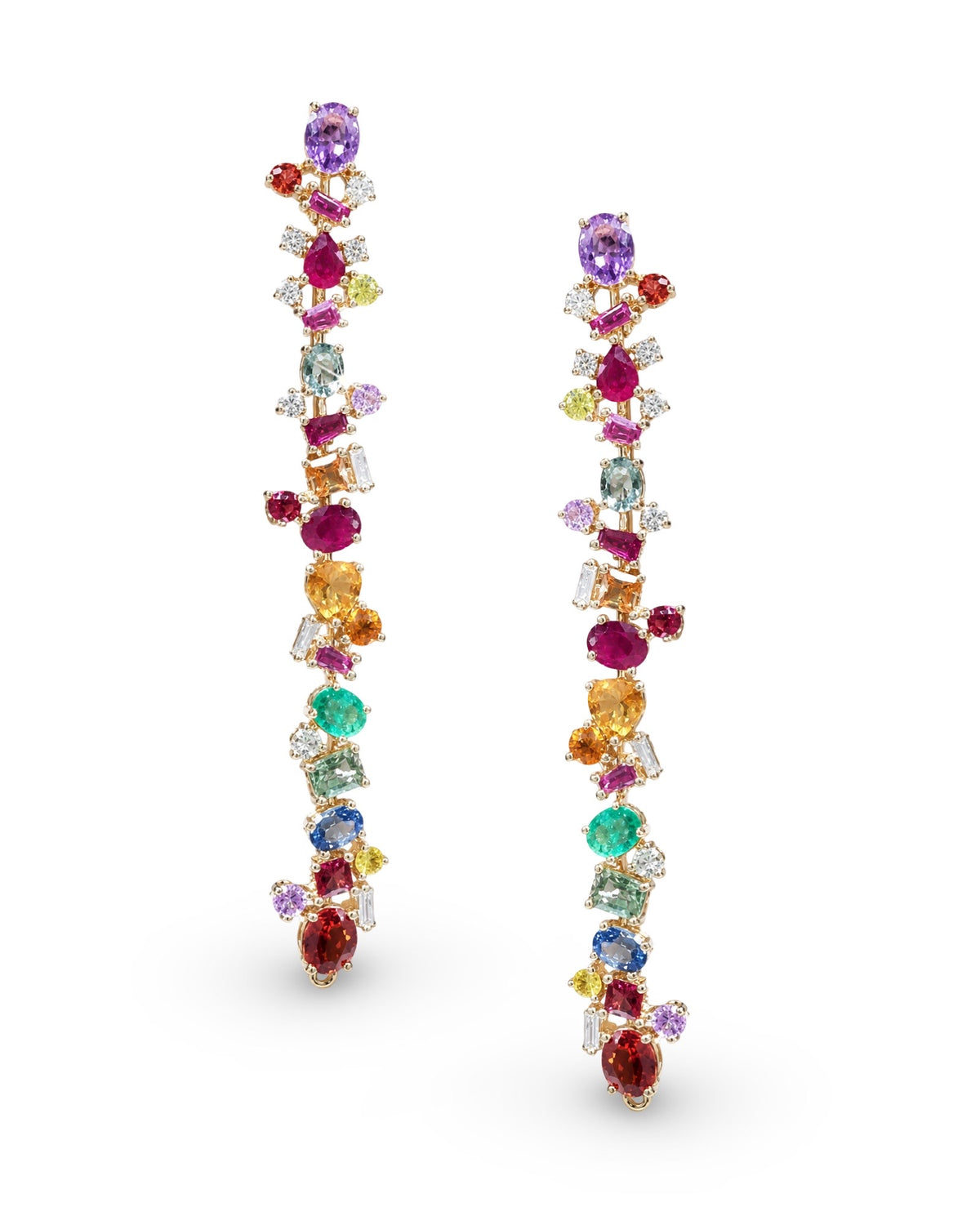 Rainbow Gemstones Dangling Diamond Earrings 14K