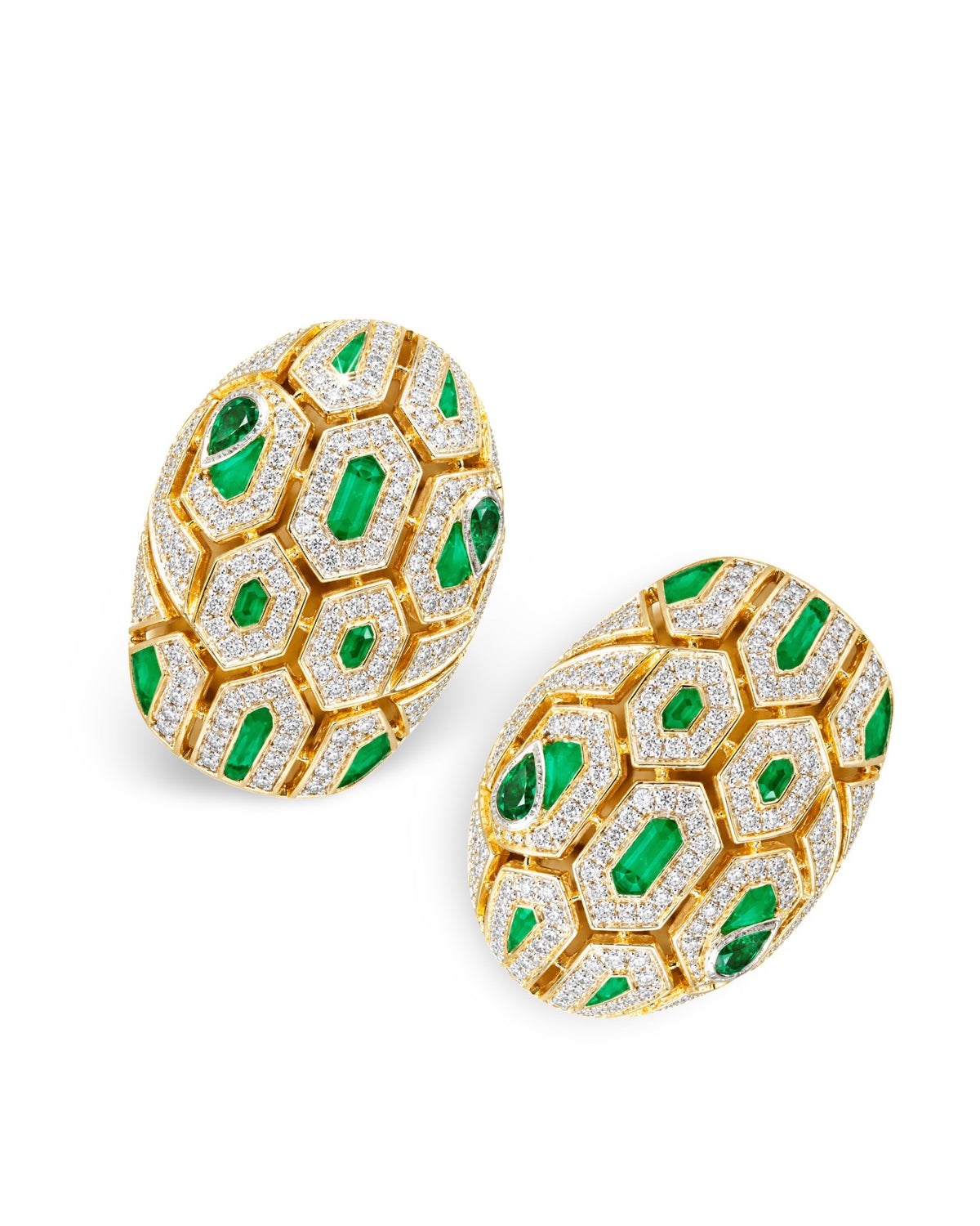 Golden Serpent Creolle Green Emerald Gemstone Diamond Earrings 14K