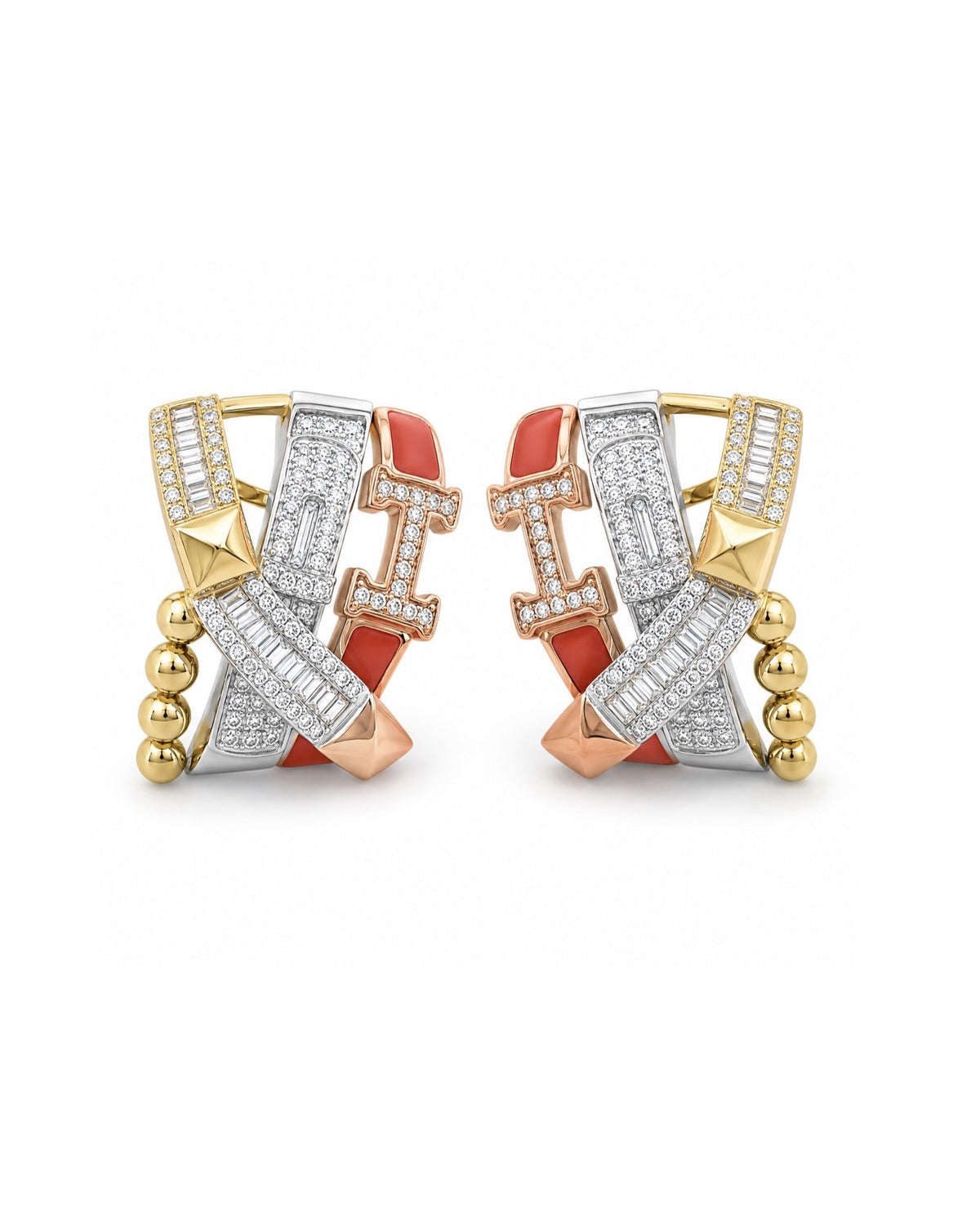 Tri-Color Baguette Paved Diamond Earrings 14K