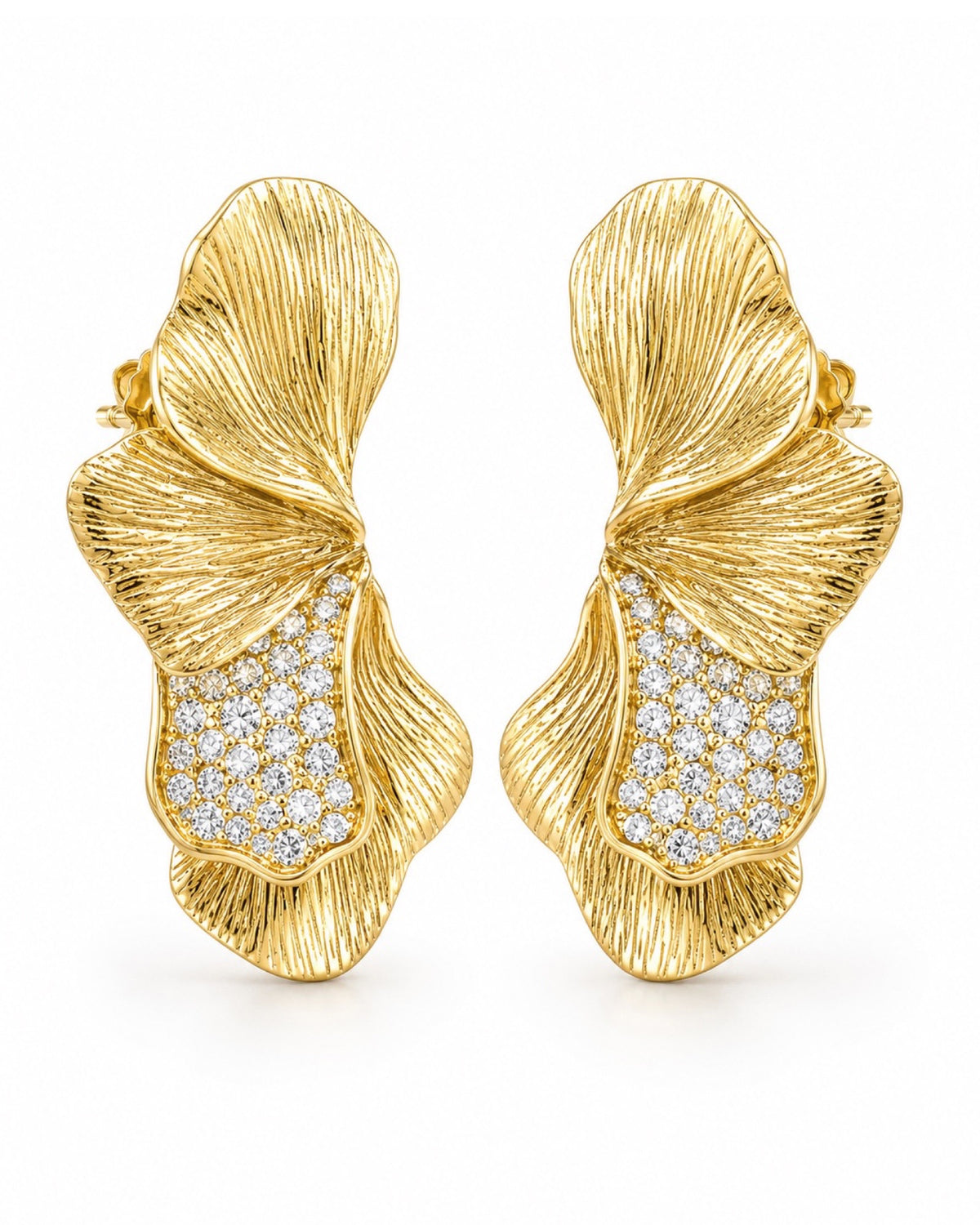 Golden Flower Petal Paved Statement Diamond Earrings 18K