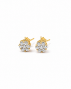 Classic 1ct Face Round Floral Golden Stud Diamond Earrings 18K