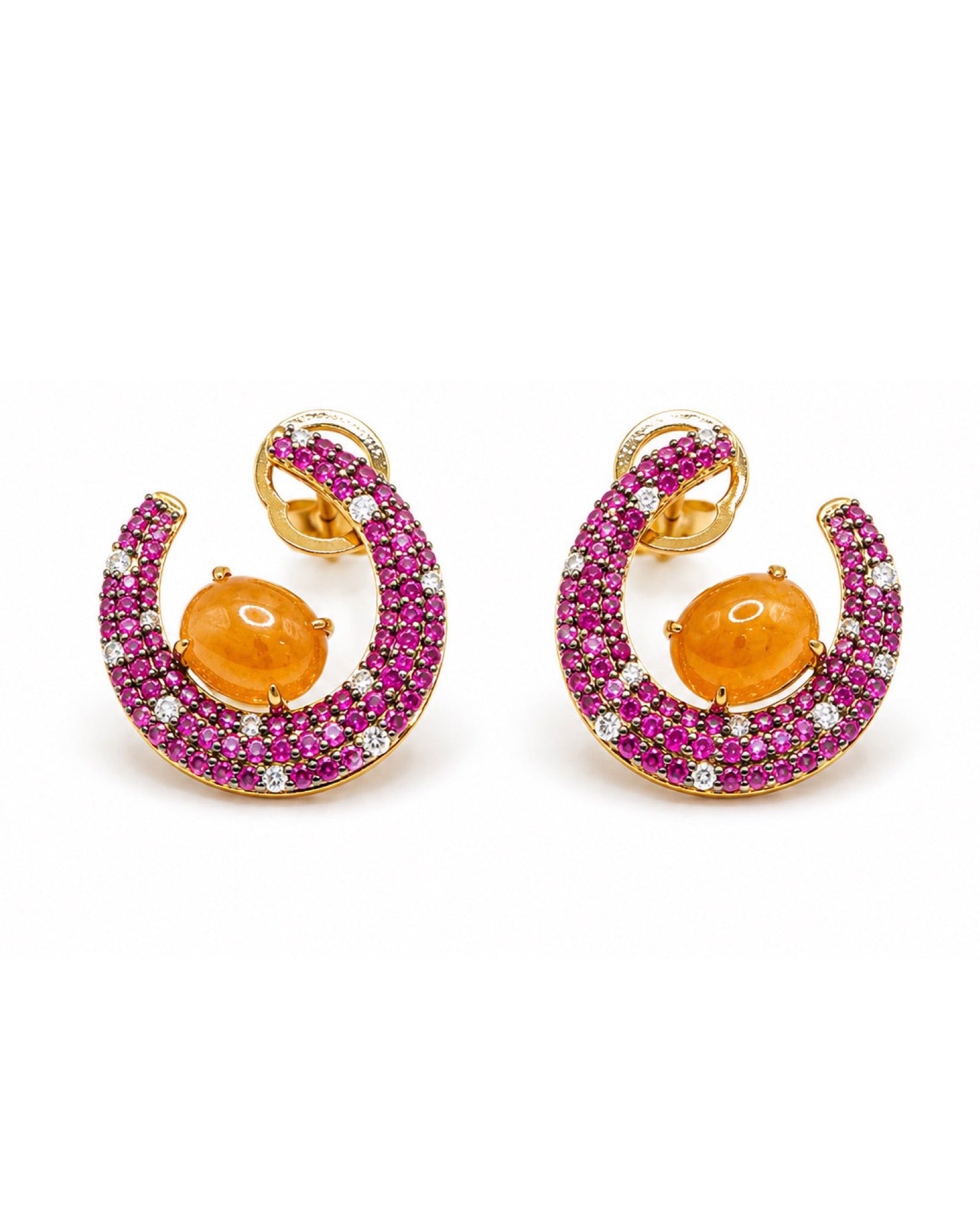 Citrine Pink Sapphire Gemstones Hoop Diamond Earrings 14K
